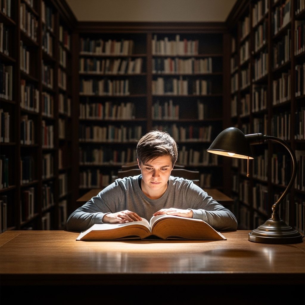 Person in quiet library surrounded by books, showing focused concentration and selective attention