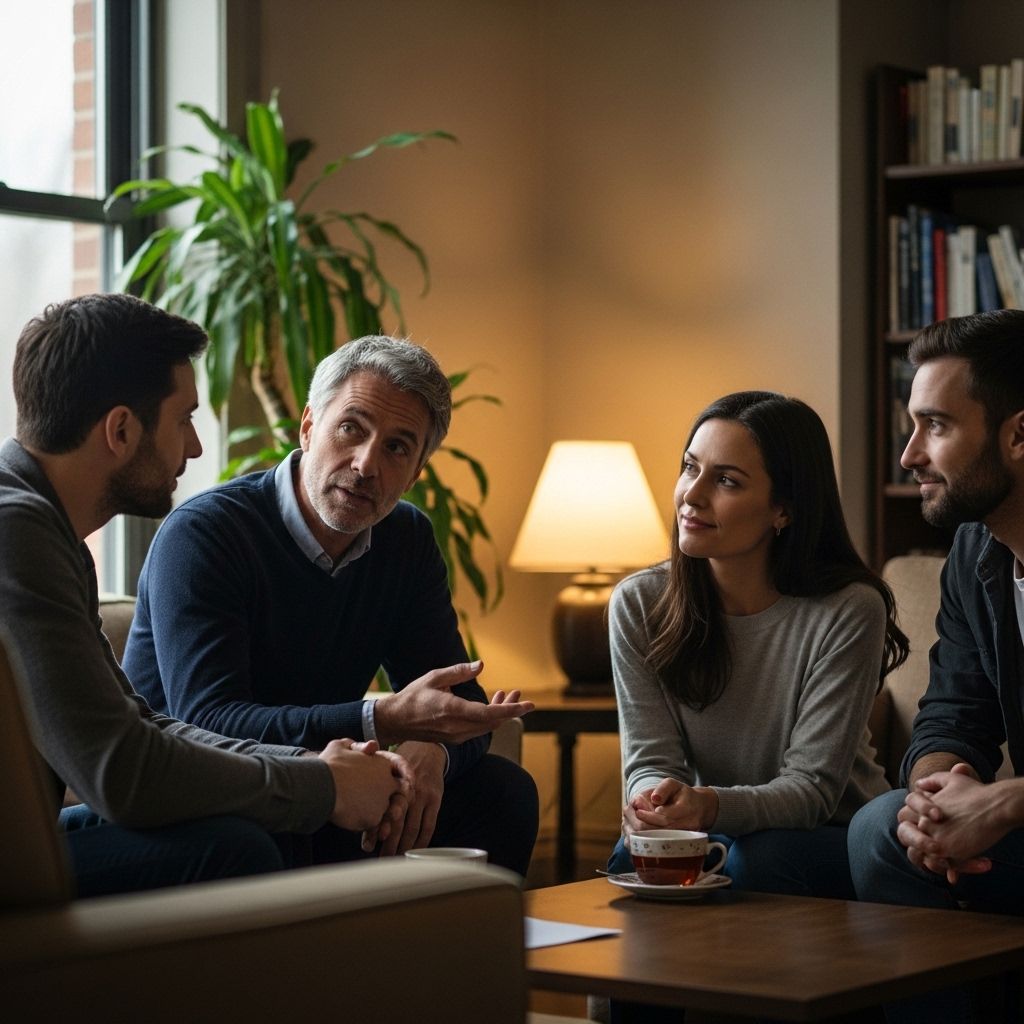 People engaged in calm, meaningful conversation in a quiet, comfortable interior space