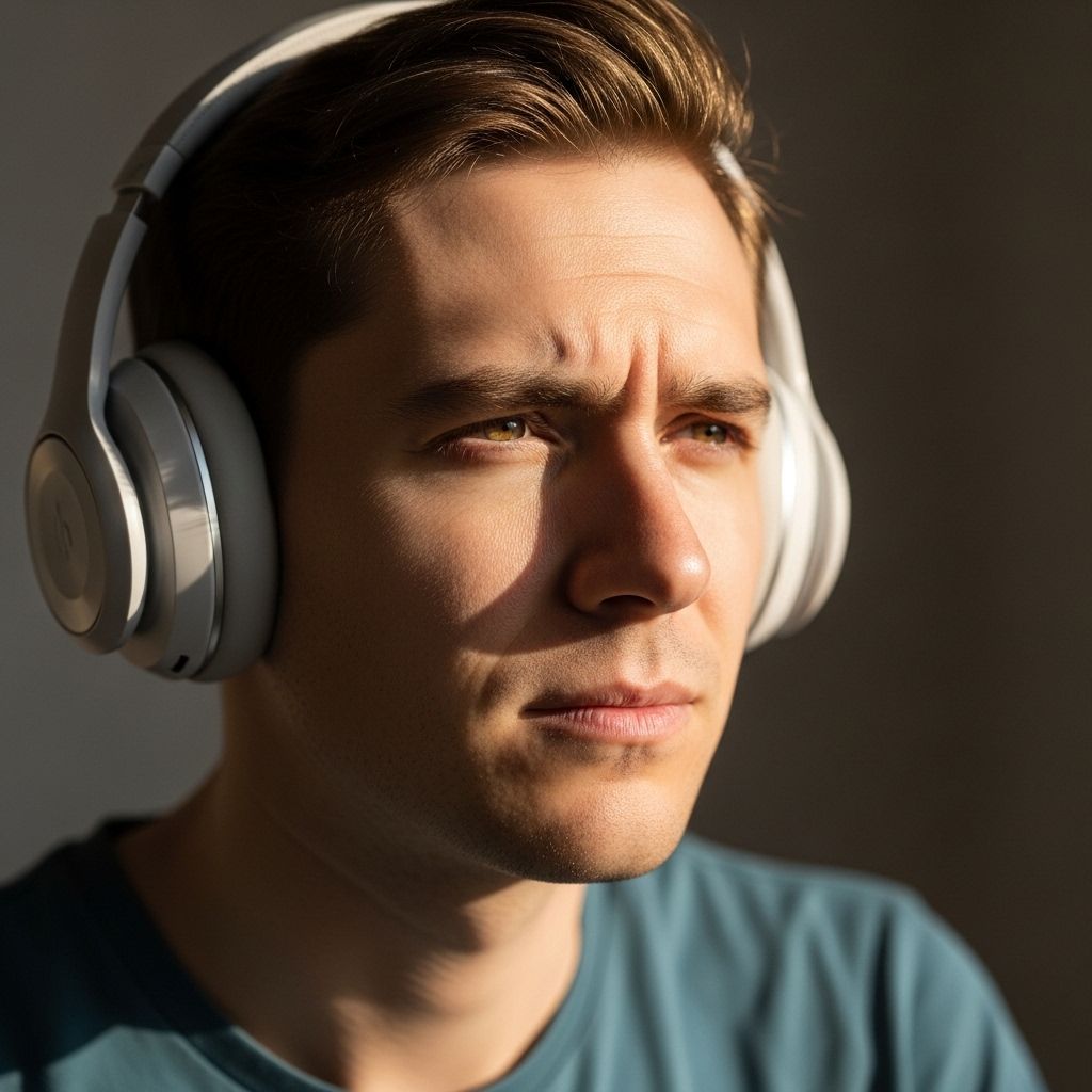 Person with headphones focused intently, showing concentration and deep listening engagement