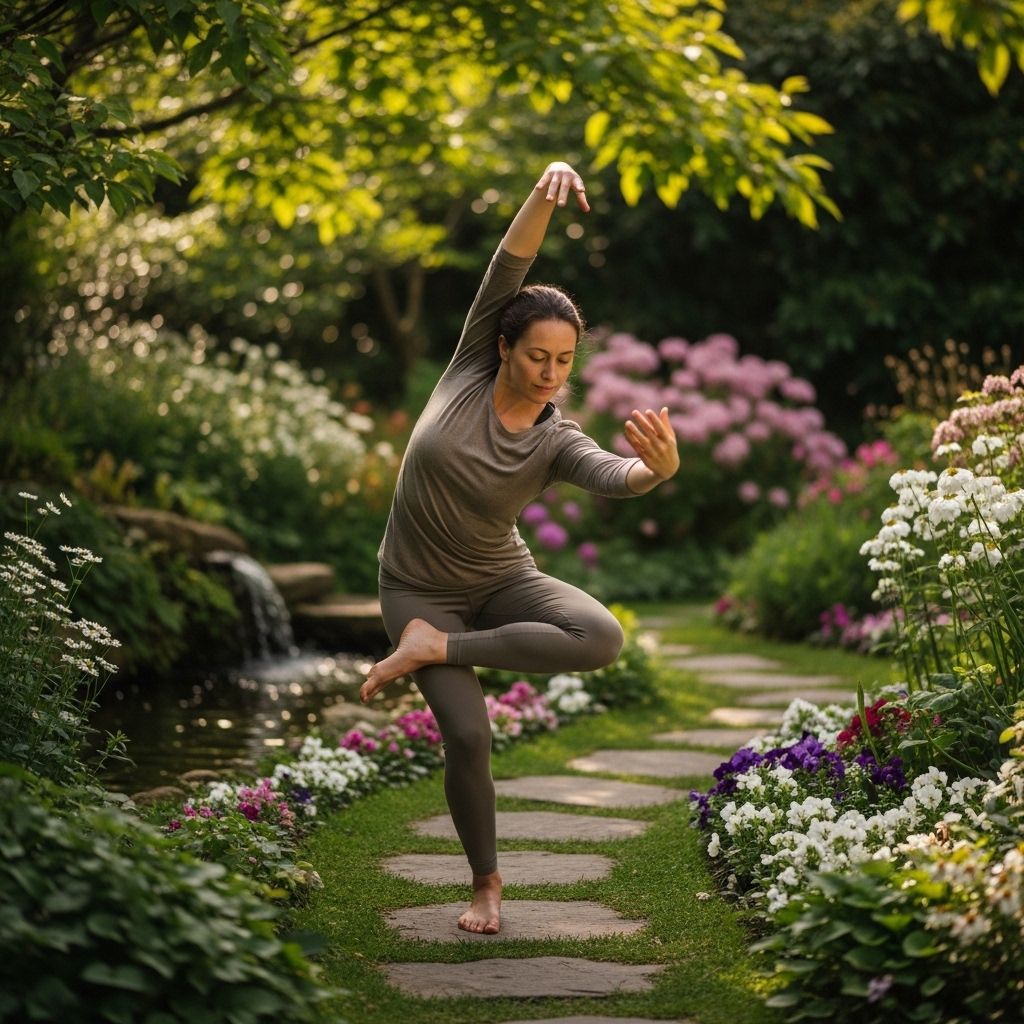 Person engaged in gentle yoga or tai chi movement in a peaceful garden environment