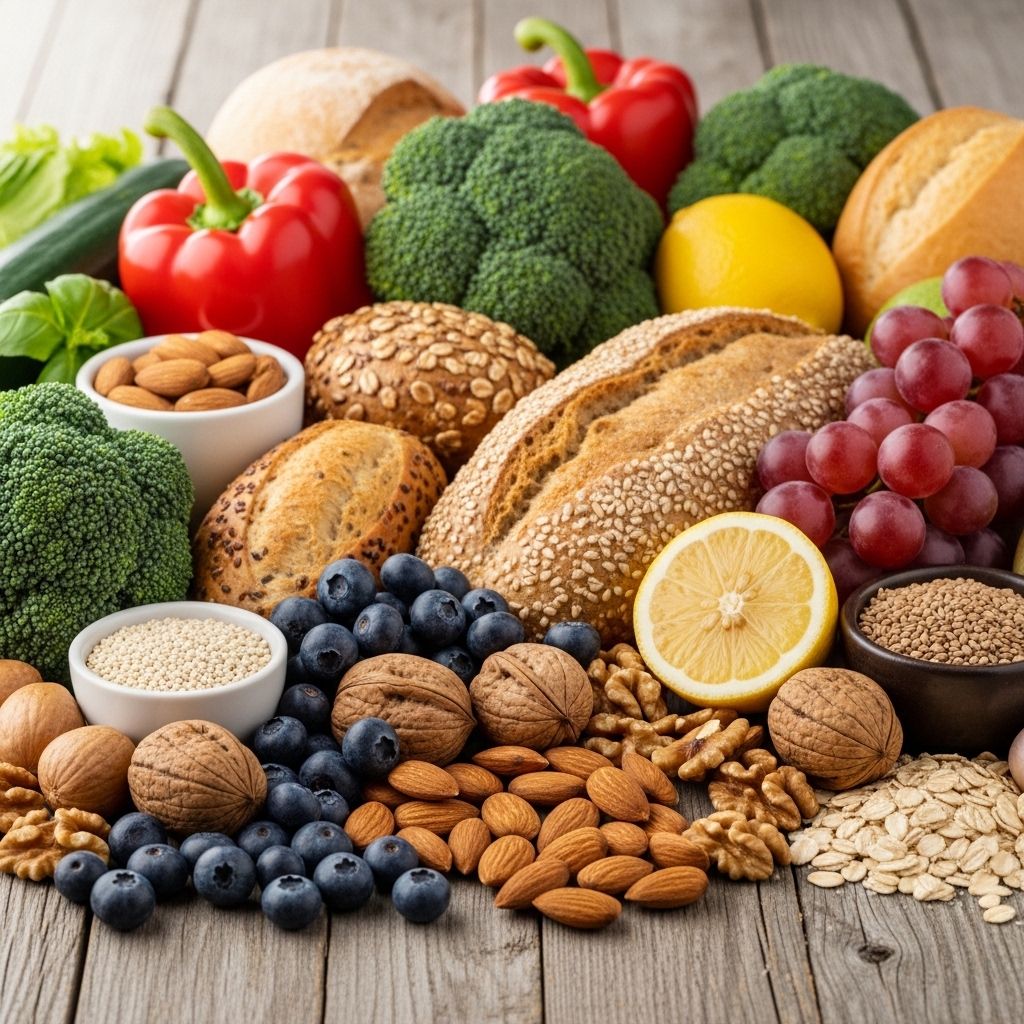 Colorful array of fresh vegetables, fruits, whole grains, and nuts arranged on a wooden surface