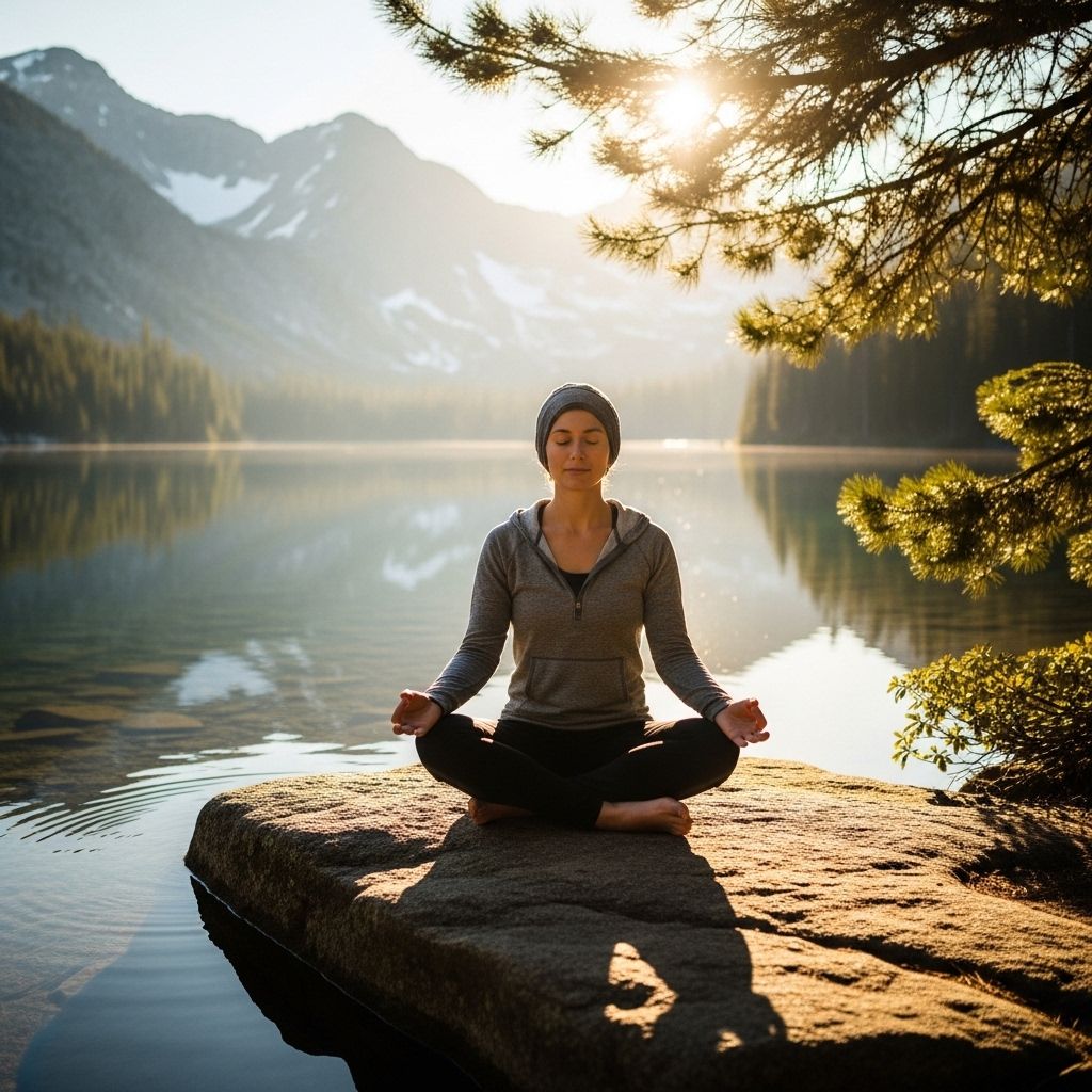 Person in meditation posture in serene natural setting with calm expression and peaceful surroundings