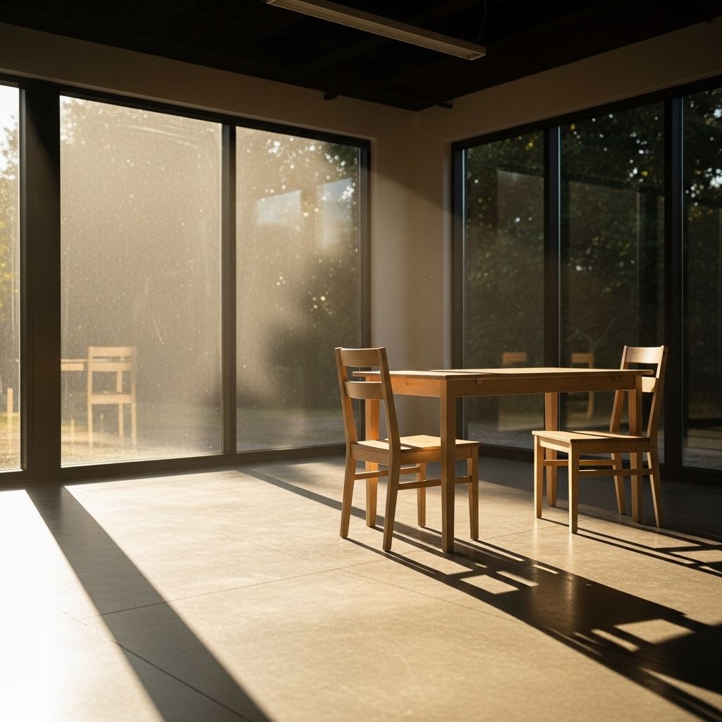Natural bright daylight streaming through windows into a room with minimal artificial lighting