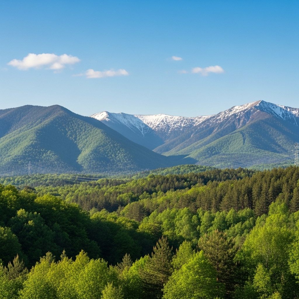 Serene natural landscape with green forest, mountains, and clear sky with minimal industrial elements