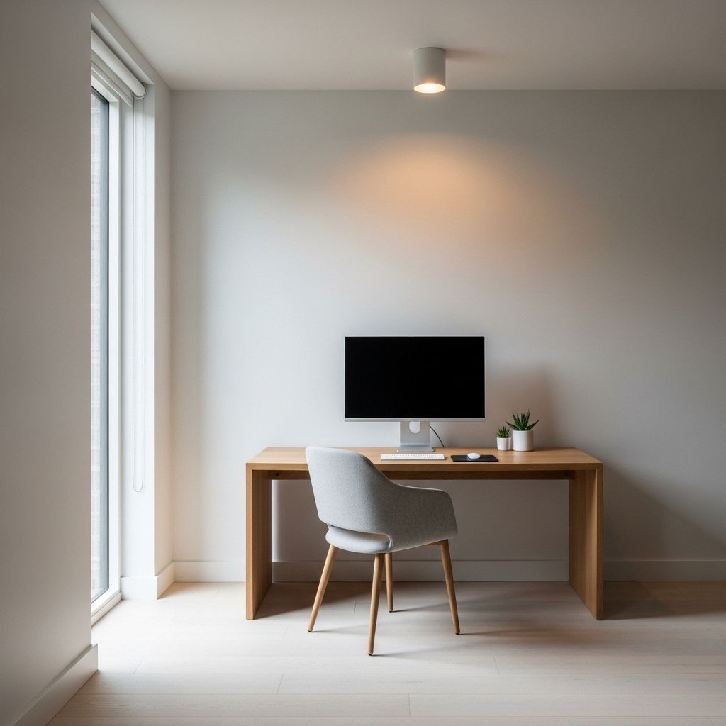 Minimalist interior with clean lines, few objects, and calm aesthetic promoting focus and reduced cognitive strain